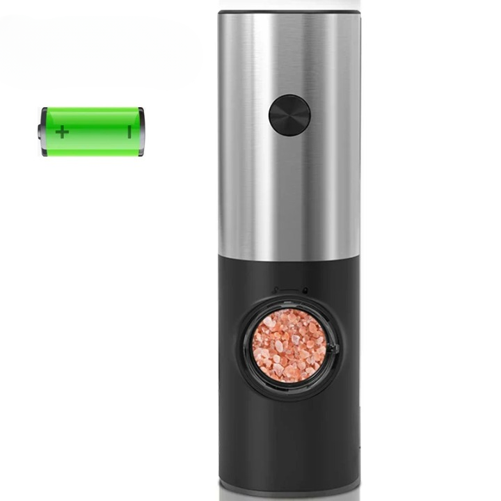 Contemporary electric salt & pepper mills. Stainless steel design, perfect for kitchen seasoning.