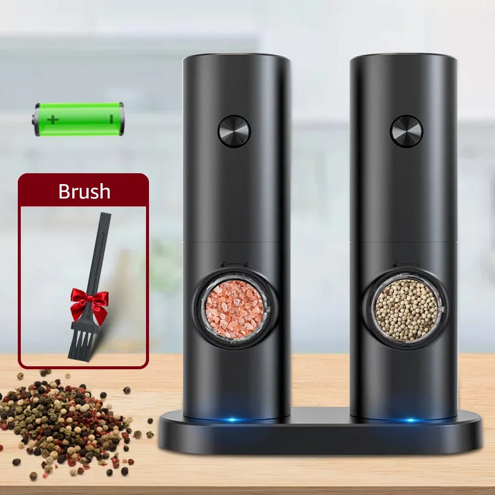 Unisex electric salt and pepper grinders. Modern stainless steel spice mills for effortless cooking.