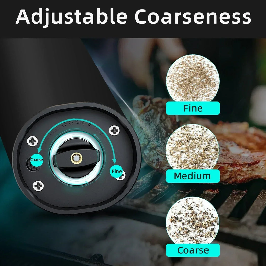 Automatic stainless steel salt & pepper mill set. Electric kitchen gadget for fresh seasoning.