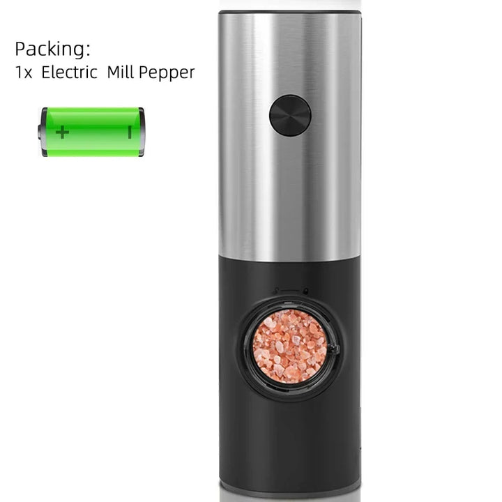 Set of 2 electric spice grinders. Stainless steel salt & pepper mills for kitchen convenience.
