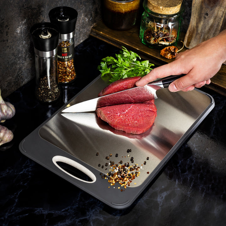 Sleek hygienic stainless steel chopping board, SteelSafe for kitchen food prep, durable & non-porous.