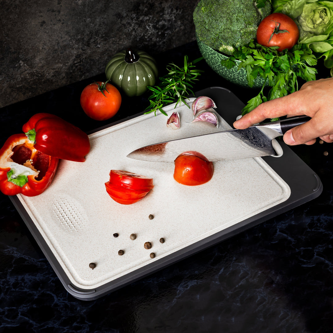 Hygienic SteelSafe stainless steel cutting board, non-porous for ultimate food safety & easy cleaning.