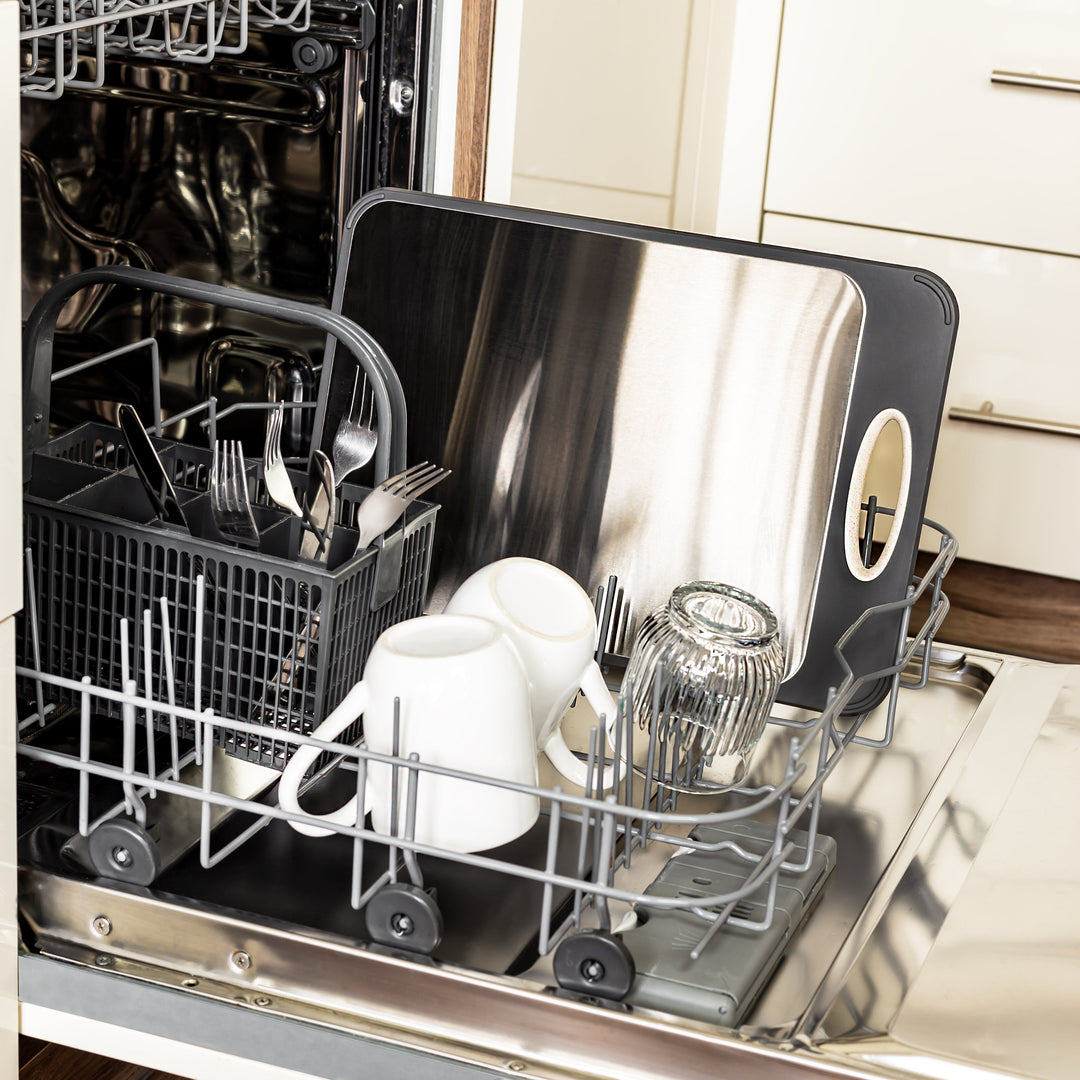 Modern SteelSafe stainless steel cutting board, perfect for hygienic food preparation in any kitchen.