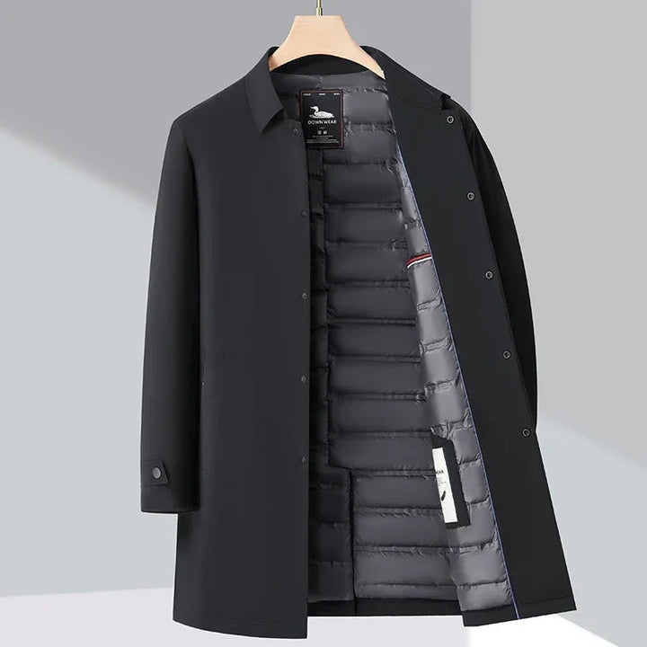 Versatile men's insulated trench coat in a classic design, perfect for layering and staying warm in winter city conditions.