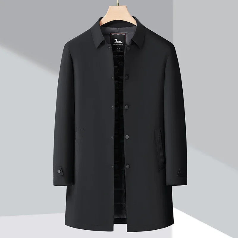 Stylish men's insulated trench coat, a modern outerwear choice for sleek urban living and cold weather protection.