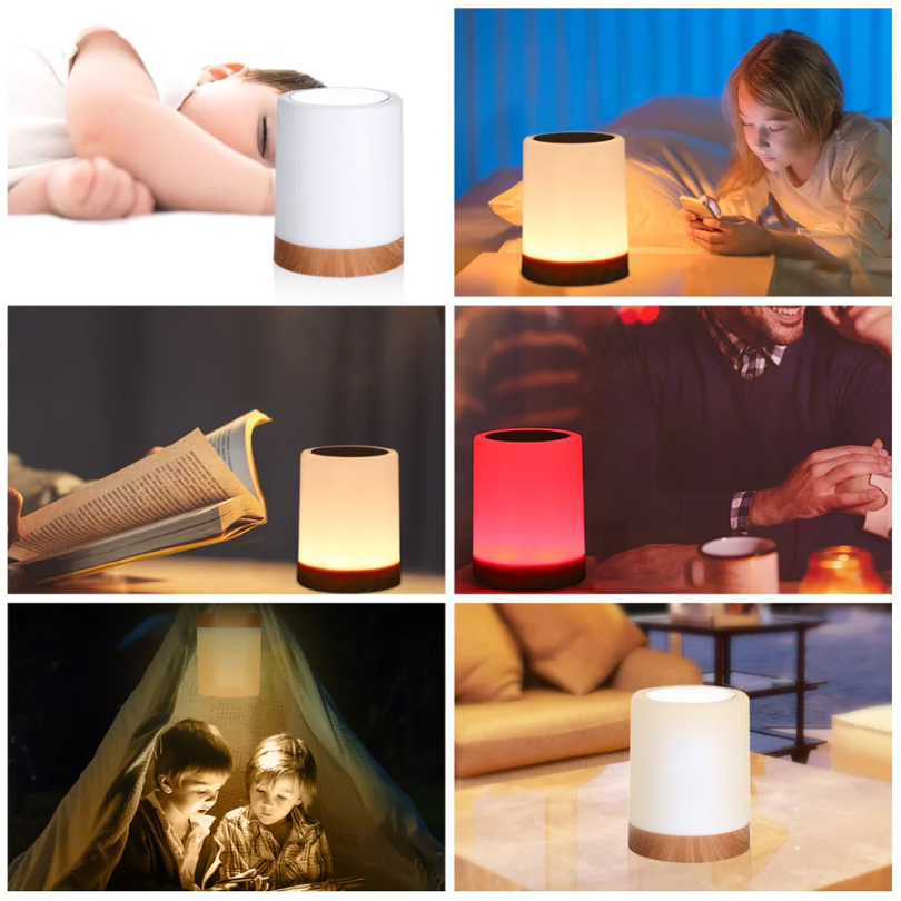 Touch control LED night light with dimmable ambient lighting, ideal for modern bedrooms and creating a soft glow.