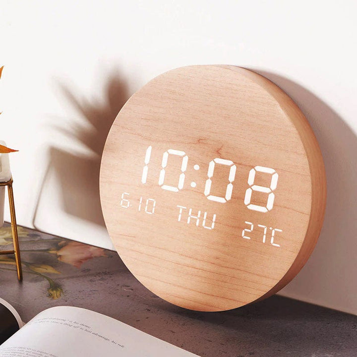 Sleek Nordic style digital wall clock with clear LED display, perfect for modern minimalist home decor or office.