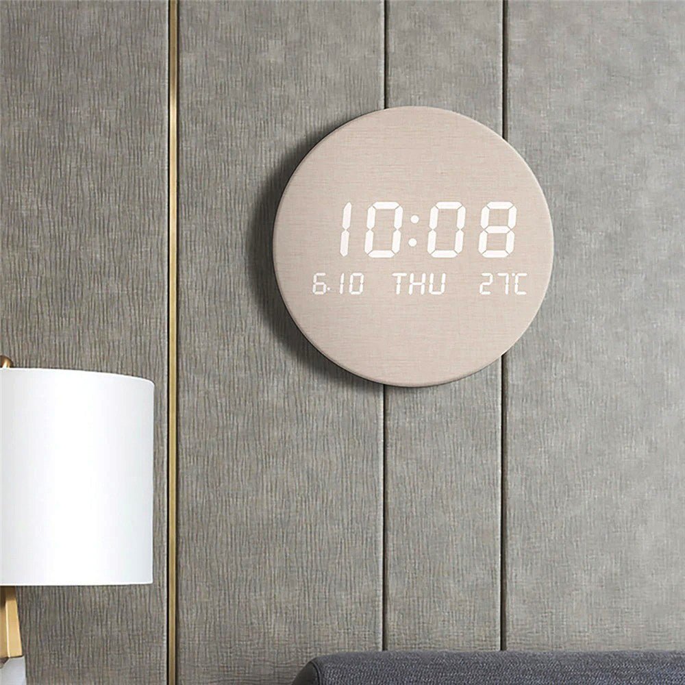 Digital LED wall clock with a clear display, featuring a sleek Scandinavian design for modern home decor.