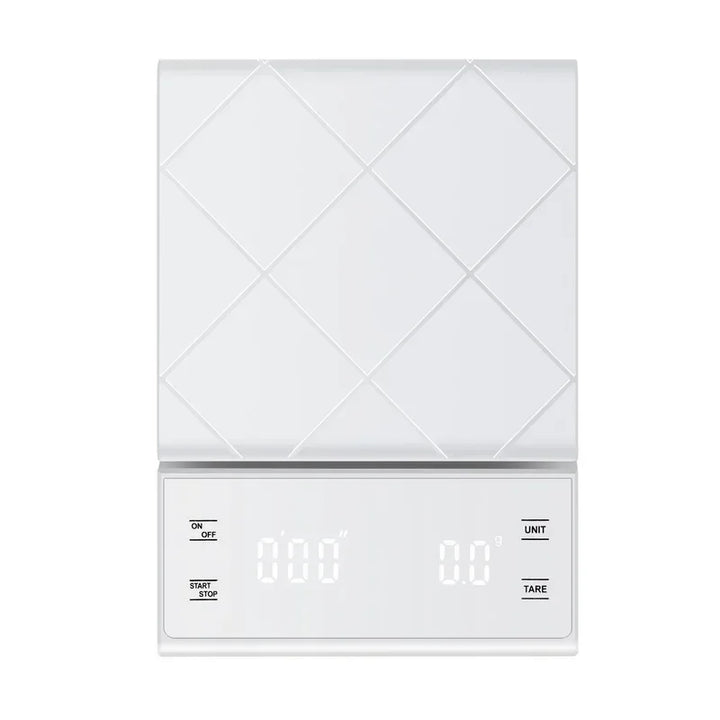 Digital precision kitchen scale weighing flour for baking. Essential home cooking measurement tool for accuracy.