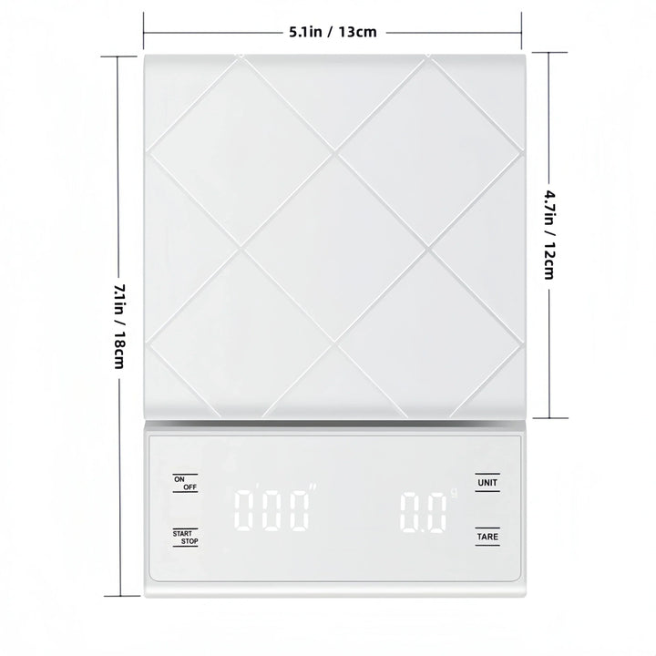 Top-down view of a slim, black digital kitchen scale. A versatile food & coffee scale for home kitchen accuracy.