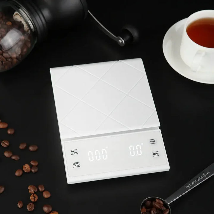 A person using a digital kitchen scale to measure ingredients. High precision for home baking and healthy cooking.