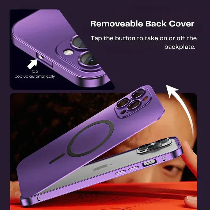 Stylish purple metal iPhone case with MagSafe, a durable accessory providing comprehensive phone protection.