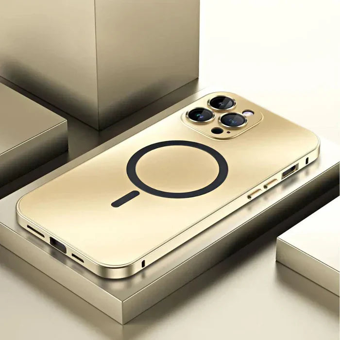 Silver metal protective case for iPhone, showcasing its MagSafe feature and durable phone protection.