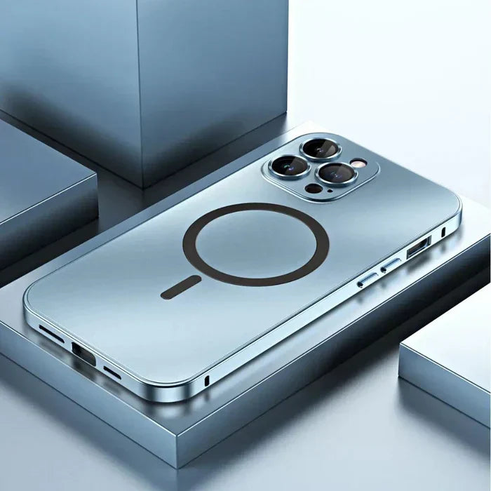 Gold metal MagSafe compatible iPhone case, designed for sleek aesthetics and durable phone protection.