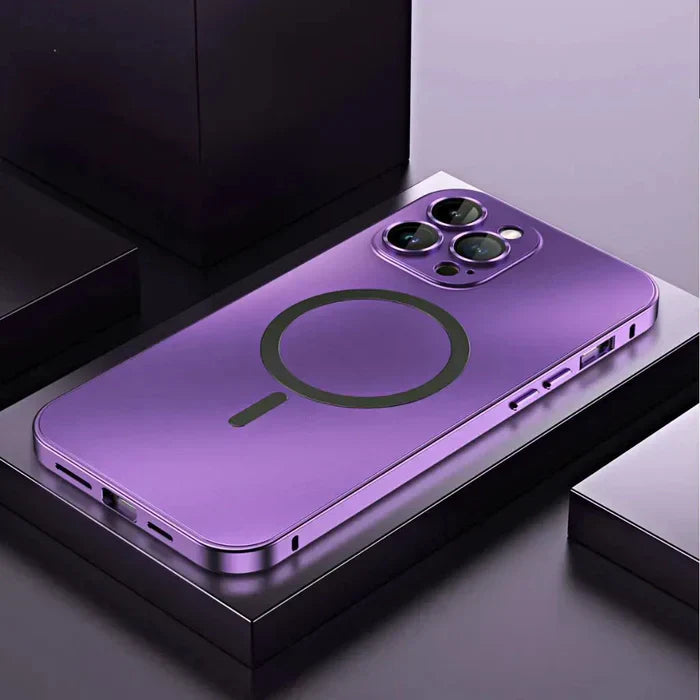 Black metal iPhone case with MagSafe, a sleek accessory providing robust phone protection and durability.