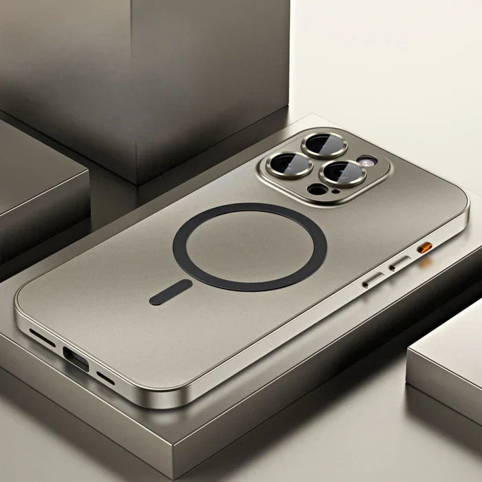 Assortment of metal protective iPhone cases with MagSafe in silver, black, gold, blue, purple, for durable protection.