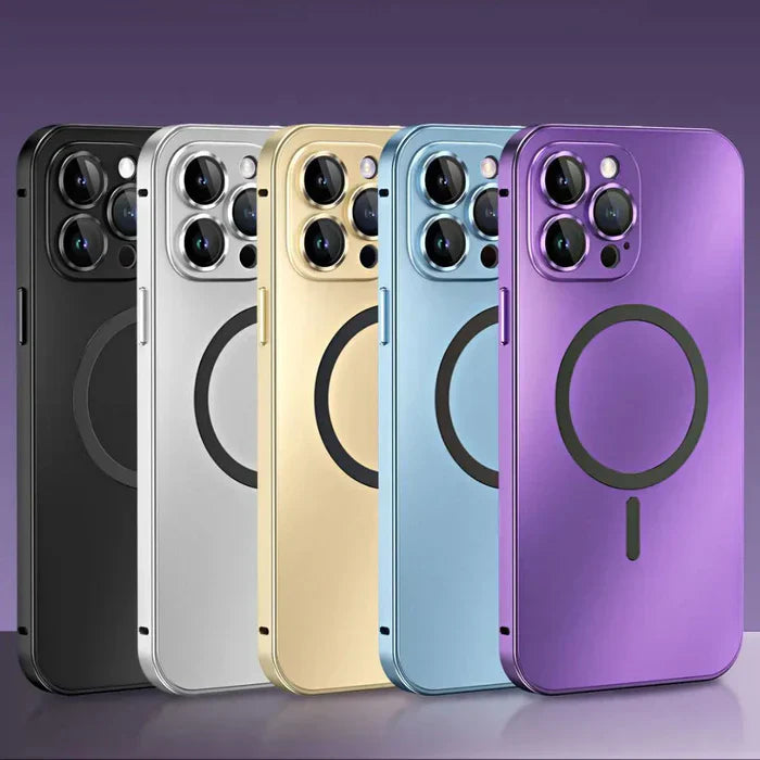 Gold metal iPhone case featuring MagSafe compatibility, a durable and sleek accessory for ultimate phone protection.