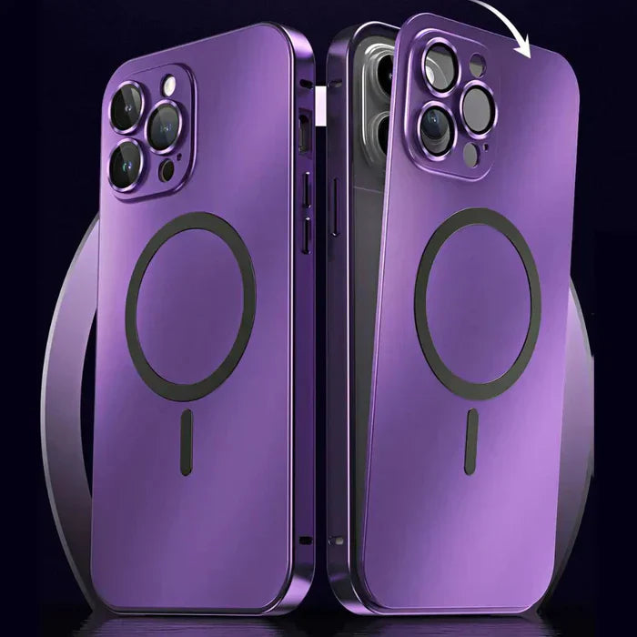 Purple metal iPhone protective case with MagSafe, providing durable and elegant phone protection.