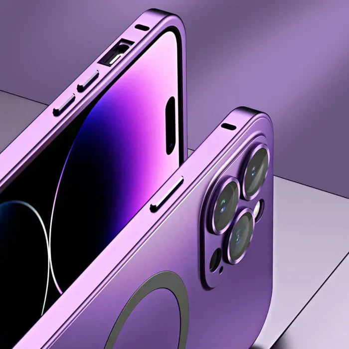 Vibrant blue metal iPhone MagSafe case, offering durable phone protection with a sleek and stylish design.