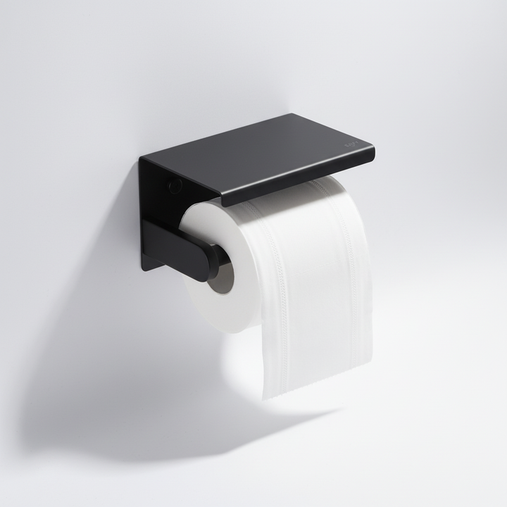 Wall-mounted toilet paper holder 'SmartShelf' made of brushed stainless steel for bathroom storage