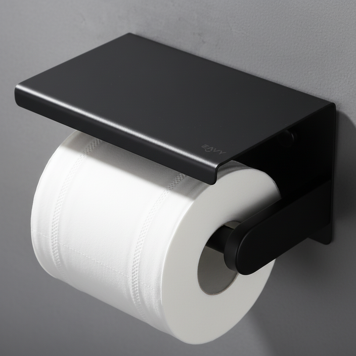 Modern toilet paper holder with integrated shelf, perfect for bathroom organization and holding phones