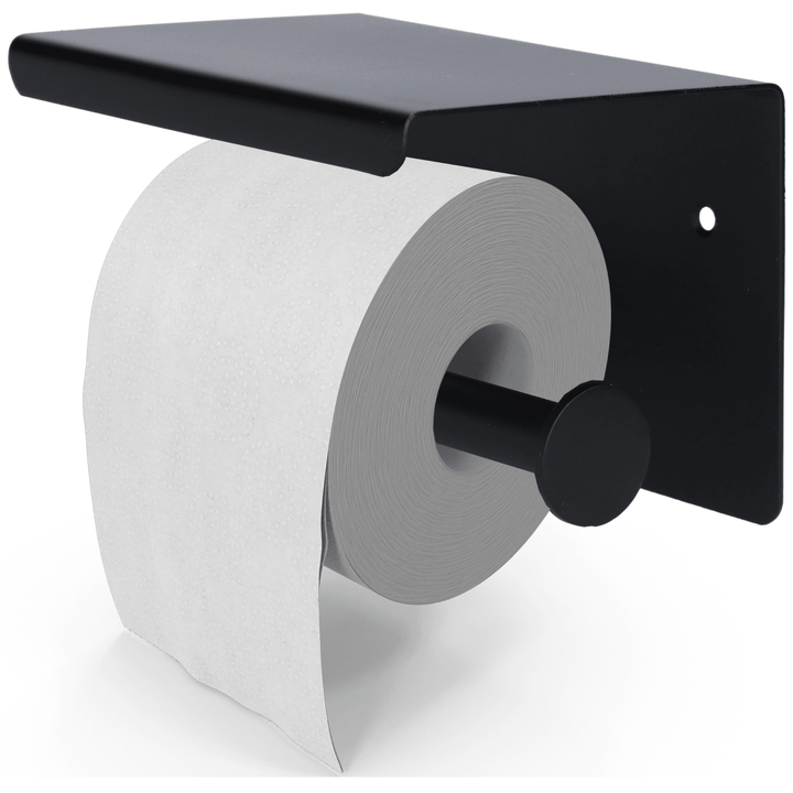 Space-saving wall-mounted toilet paper holder with handy storage shelf, ideal for contemporary bathrooms