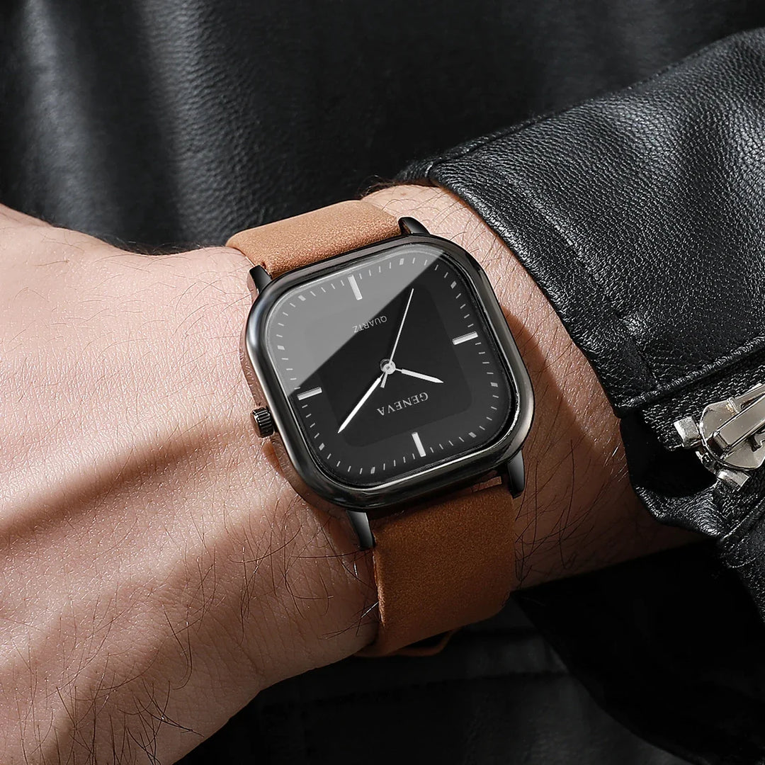 Sleek unisex square dial watch with a minimalist face, a modern and elegant fashion accessory.