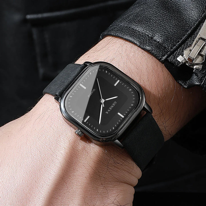 Elegant square dial quartz watch, a modern unisex timepiece with a sophisticated design.