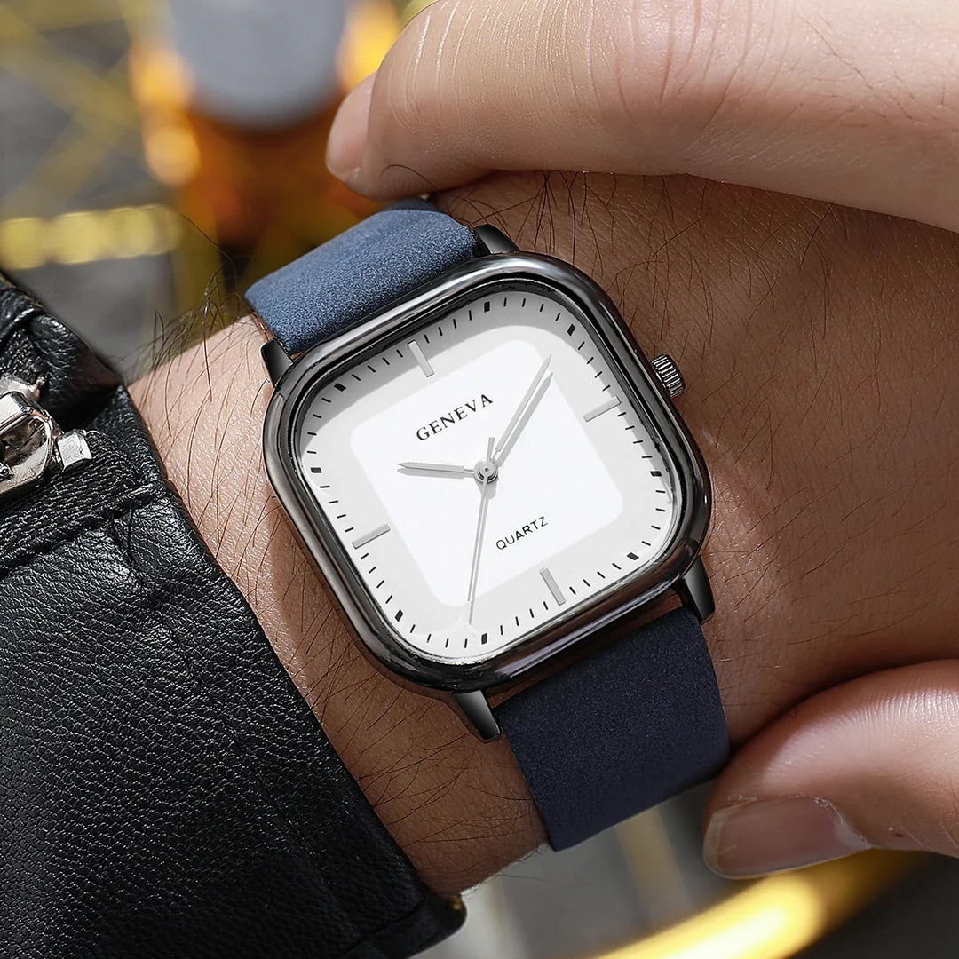 Unisex minimalist square watch, a modern and sleek timepiece on a wrist, perfect for any outfit.