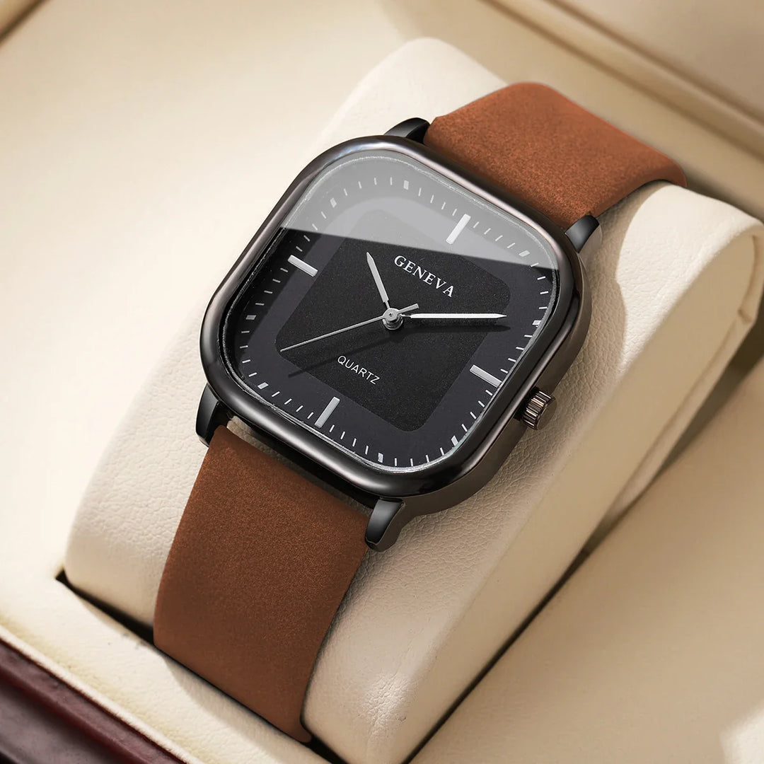 Close-up of a sleek unisex square dial watch, perfect for a modern, minimalist fashion statement.
