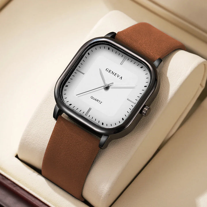 Sophisticated unisex square dial quartz watch, highlighting its elegant design and modern appeal.