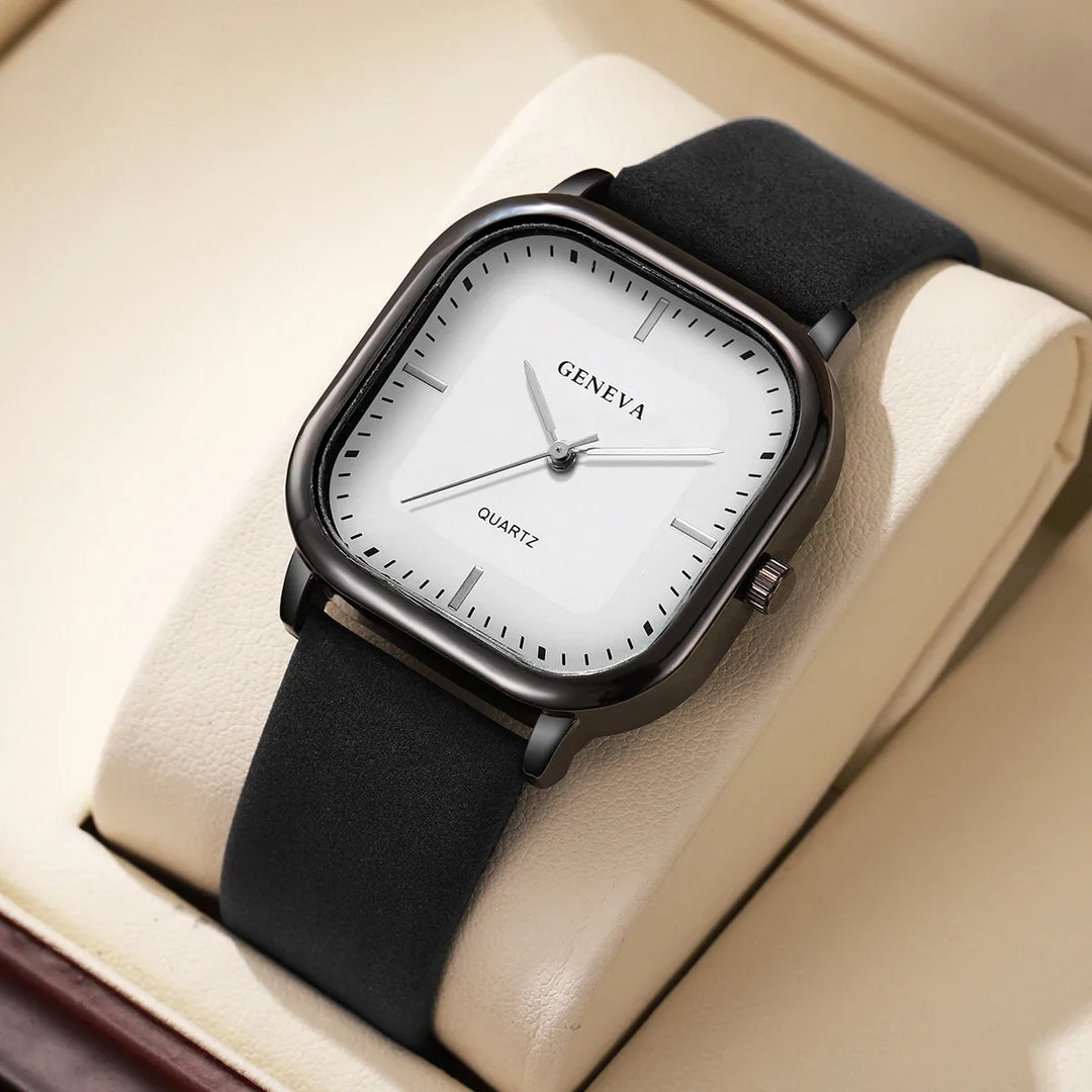 Minimalist square dial watch with a black strap, a sleek and modern unisex accessory.