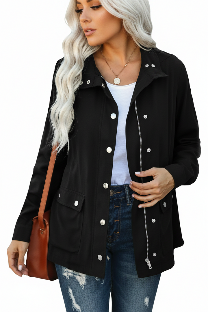 Chic women's open front jacket, ideal for office wear or casual layering. Sophisticated & versatile outerwear.
