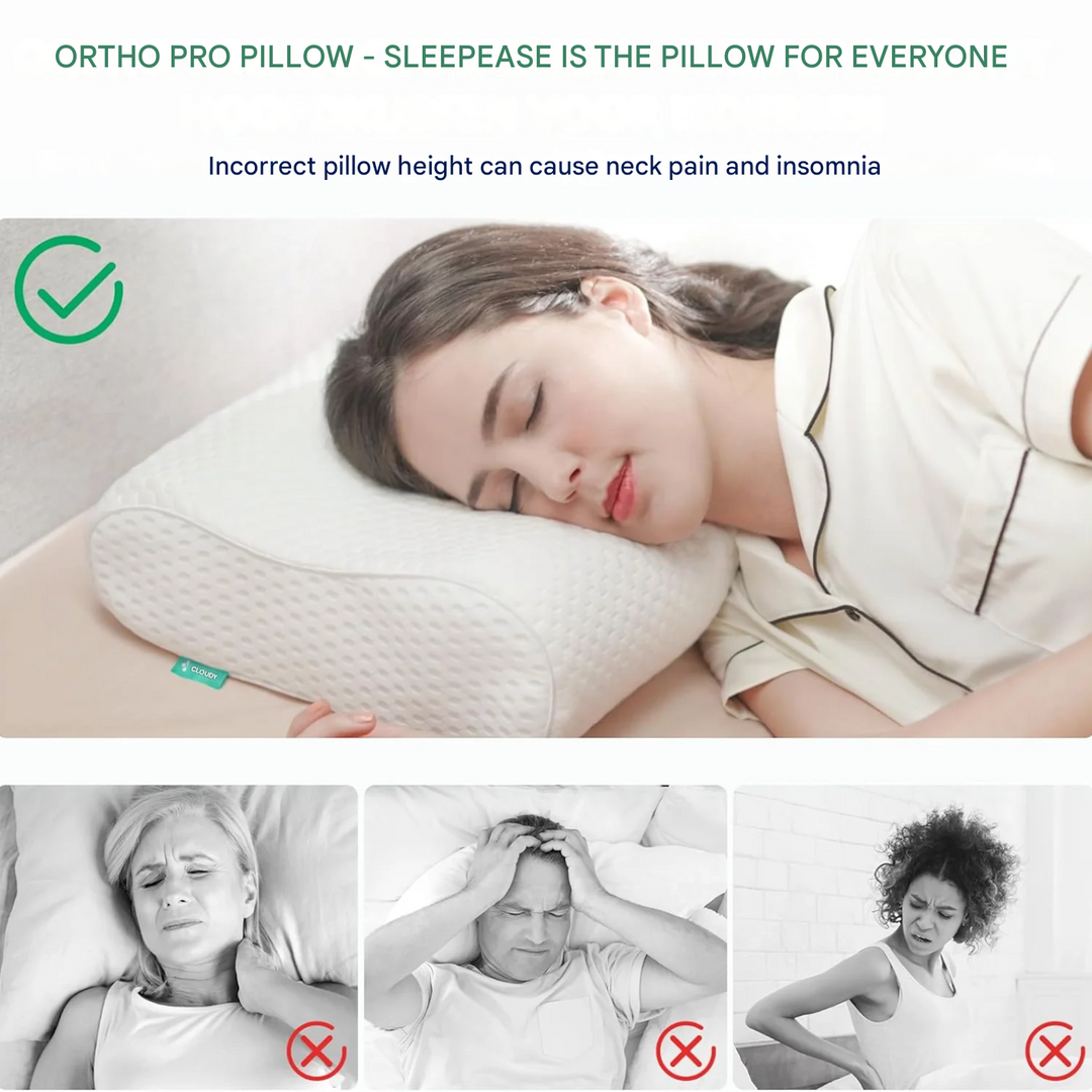 Person comfortably sleeping on SleepEase Ortho Pro ergonomic pillow, providing neck support & head pain relief.
