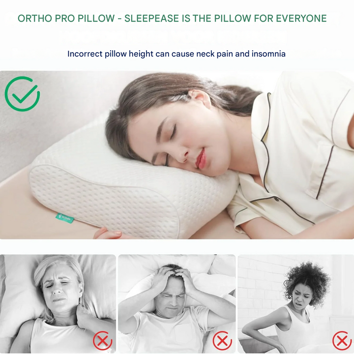 Person comfortably sleeping on SleepEase Ortho Pro ergonomic pillow, providing neck support & head pain relief.