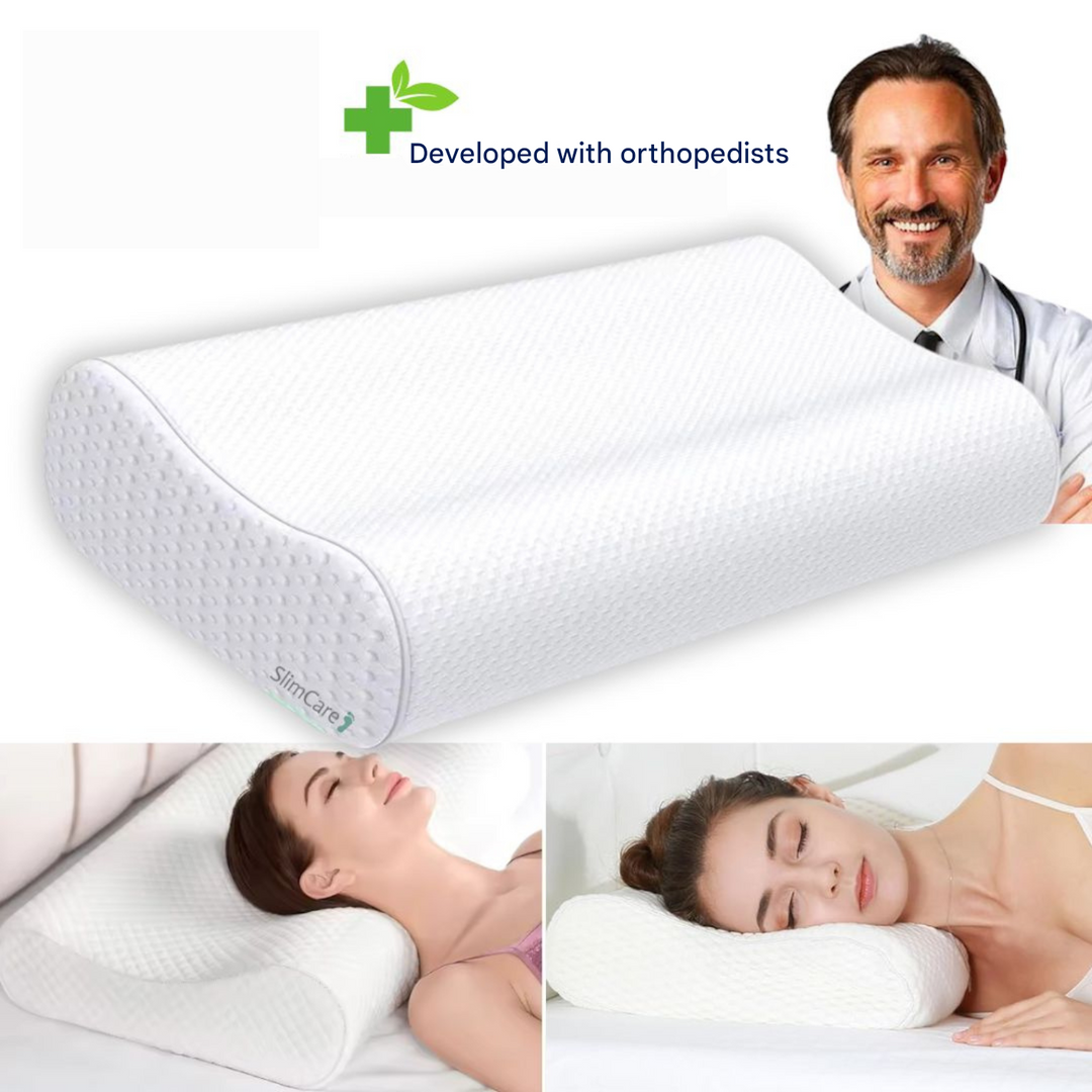 SleepEase Ortho Pro memory foam pillow on a bed, providing luxurious orthopedic comfort and neck pain relief.