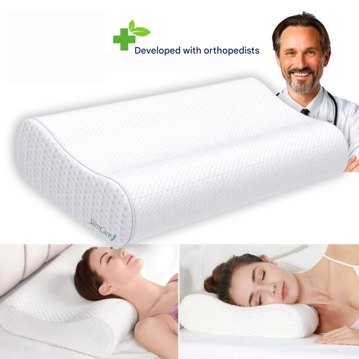 SleepEase Ortho Pro memory foam pillow on a bed, providing luxurious orthopedic comfort and neck pain relief.