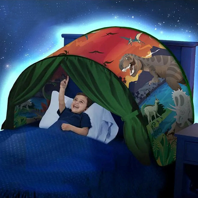 Enchanting SleepyStar bed tent for kids, featuring fun dinosaur, unicorn, space or winter designs for a magical sleep.