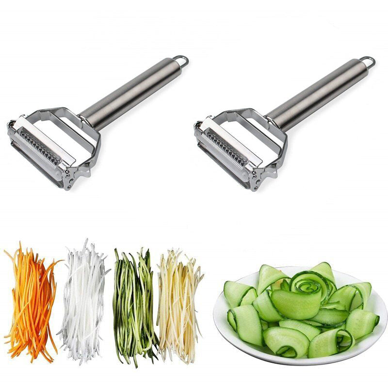 Julienne carrots & peel potatoes with the SliceMate dual blade stainless steel peeler. Ergonomic kitchen tool.