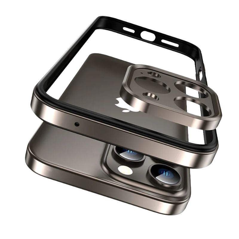 Sleek, slim aluminum iPhone cover. Shockproof design offers full camera protection for iPhone 13/14/15/16. Tech accessory.