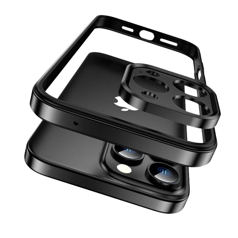 Durable aluminum iPhone case. Slim profile, shockproof, & dedicated camera protection. Modern, unisex tech accessory.
