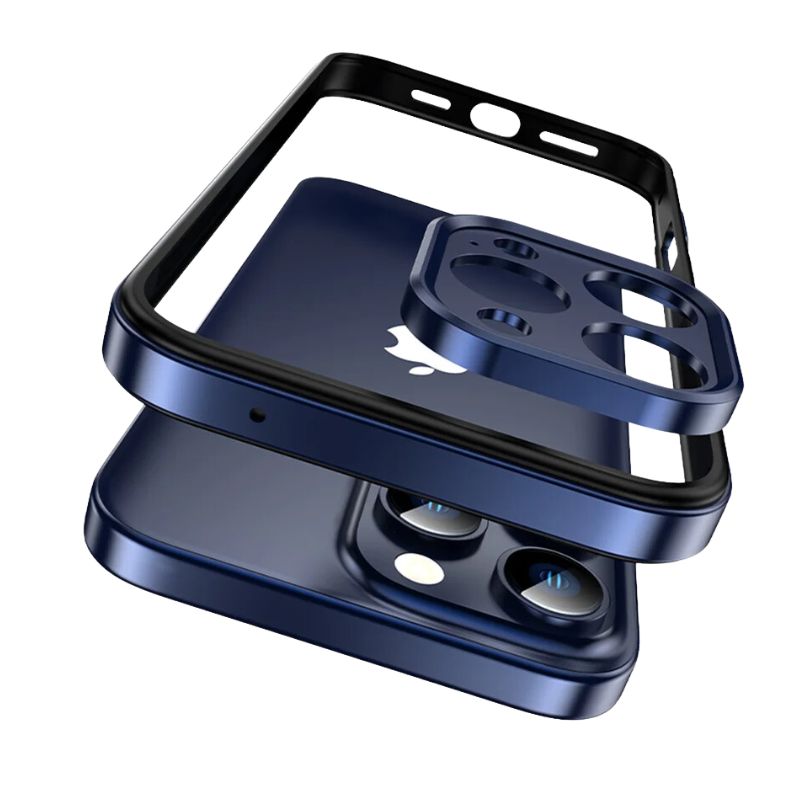 Stylish slim aluminum iPhone case. Unisex design with robust camera protection & shockproof features. Tech accessory.