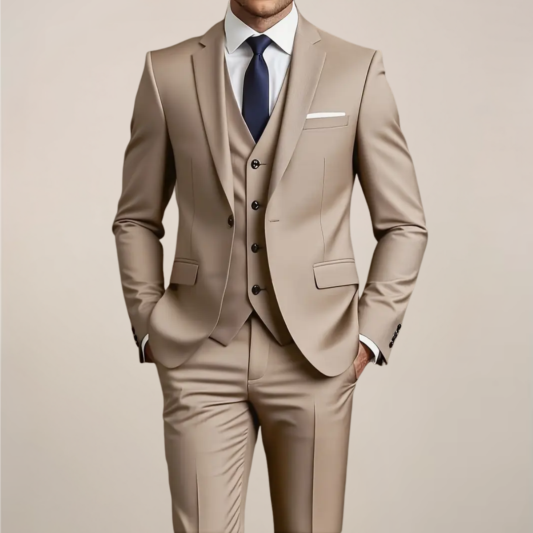 Slim fit khaki three-piece men's suit. Perfect for weddings, business, and formal events. Elegant tuxedo style.