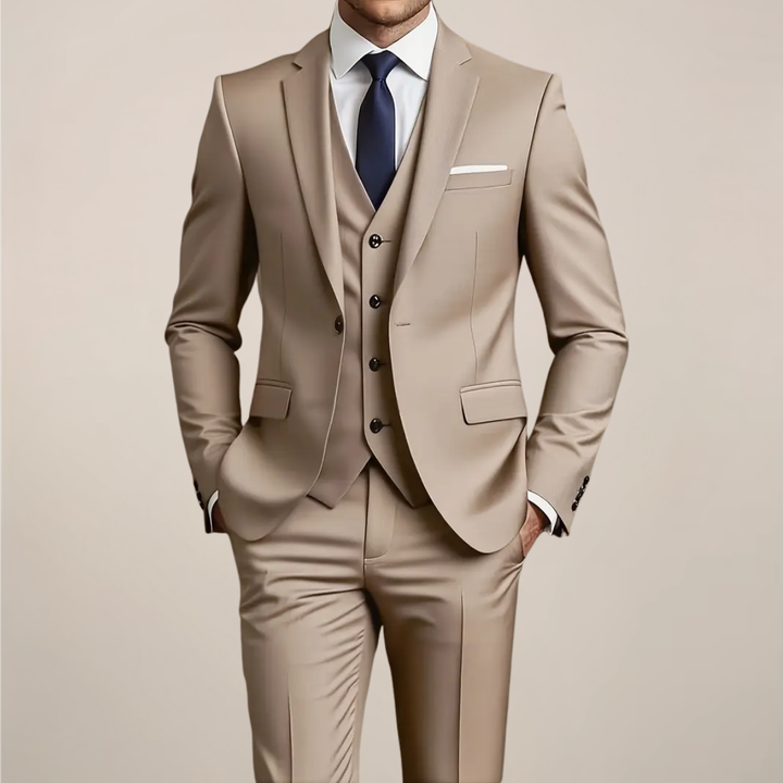Slim fit khaki three-piece men's suit. Perfect for weddings, business, and formal events. Elegant tuxedo style.