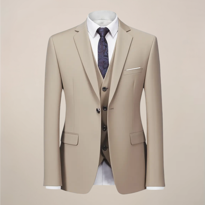 Elegant khaki three-piece slim fit men's suit, perfect for weddings, galas, and formal business events.