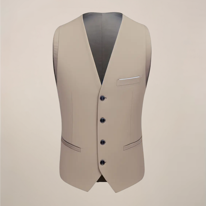 Slim fit khaki men's three-piece suit. Tuxedo style, ideal for weddings, formal parties, and business attire.