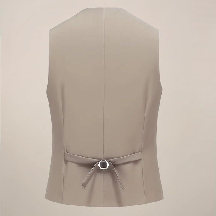 Khaki men's three-piece suit: slim fit jacket, vest, & trousers. Modern formal wear for events & weddings.