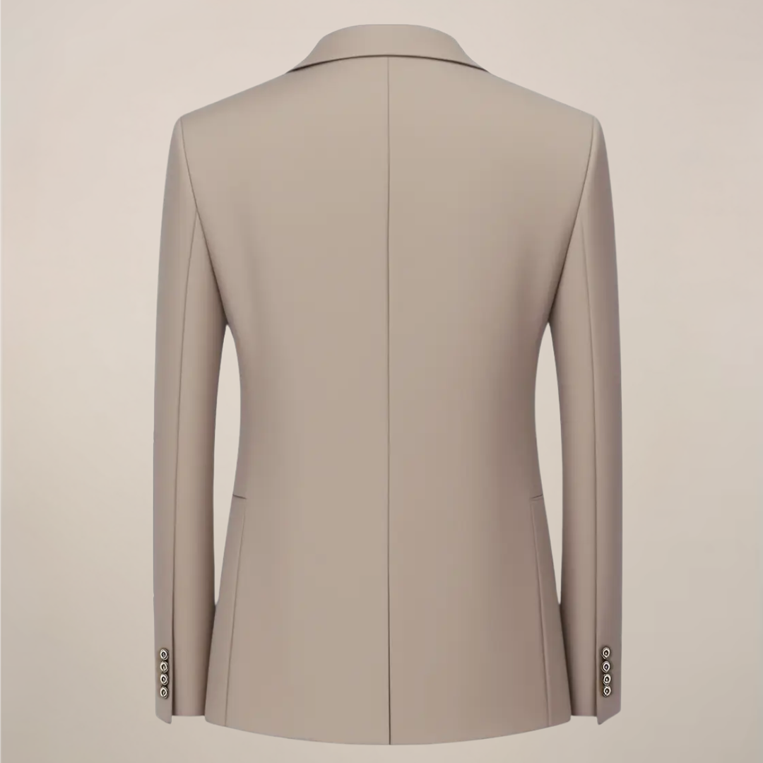 Sophisticated khaki three-piece slim fit men's suit. Elegant formal wear for weddings, proms & business.