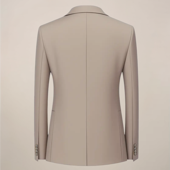 Sophisticated khaki three-piece slim fit men's suit. Elegant formal wear for weddings, proms & business.