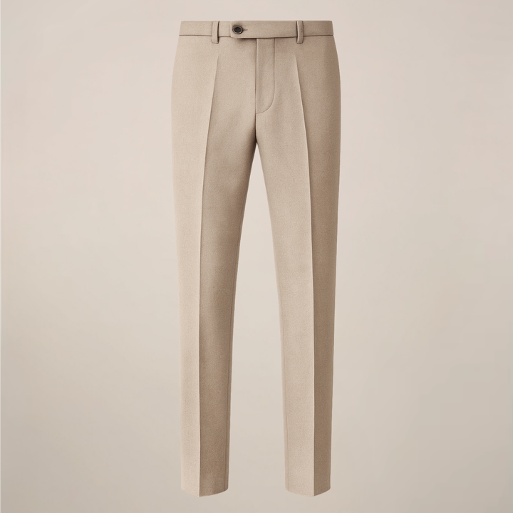 Men's slim fit khaki three-piece suit. Versatile tuxedo style for formal wear, weddings & business events.